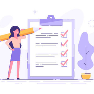 Positive business woman with a giant pencil on his shoulder nearby marked checklist on a clipboard paper. Successful completion of business tasks. Flat vector illustration.